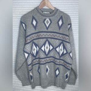 Vintage Grey Aztec Geometric Sweater Knit Pullover Men Size M Southwestern